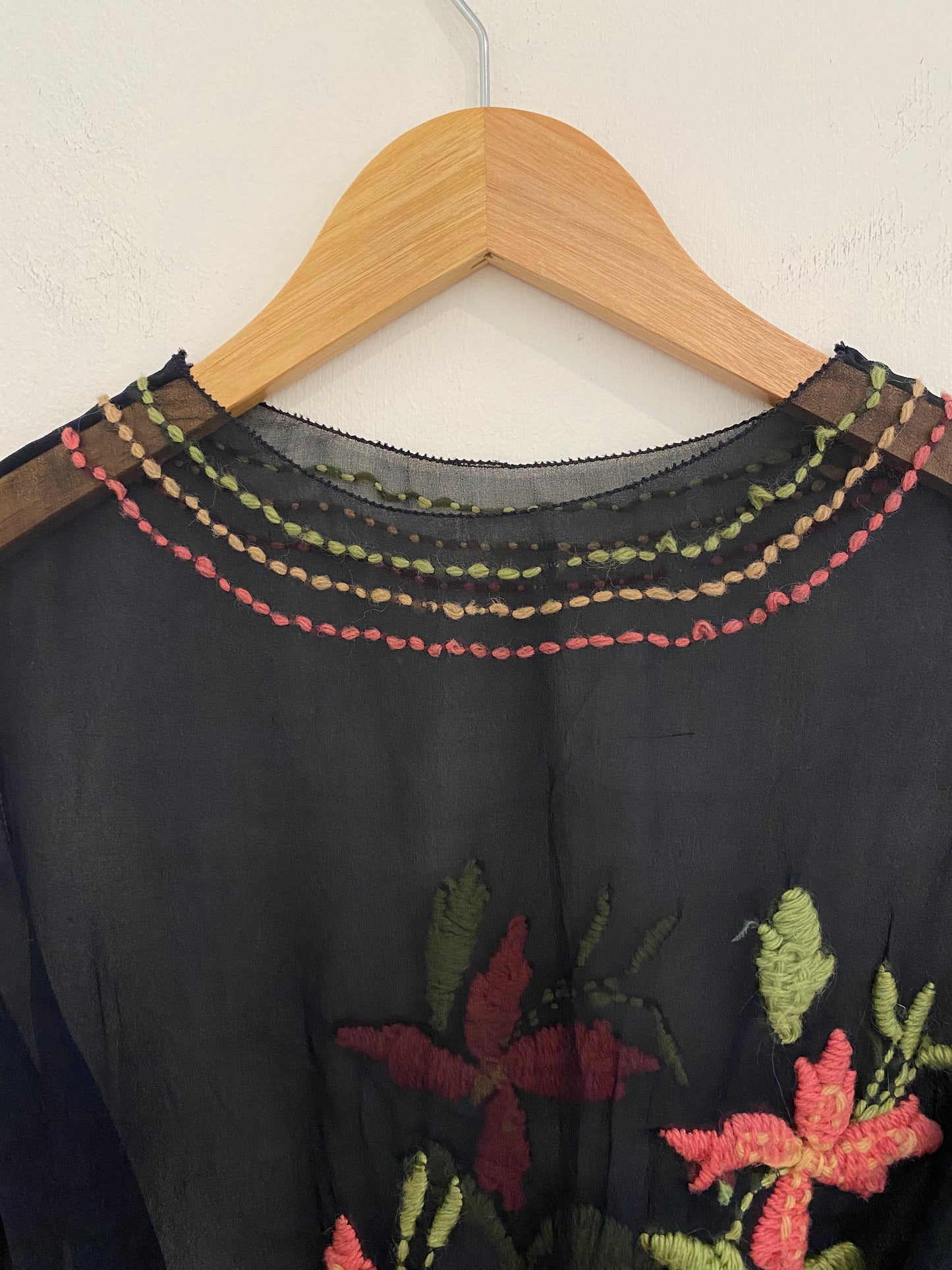 1920s Black Chiffon Top W/ Floral Embroidery- S/M