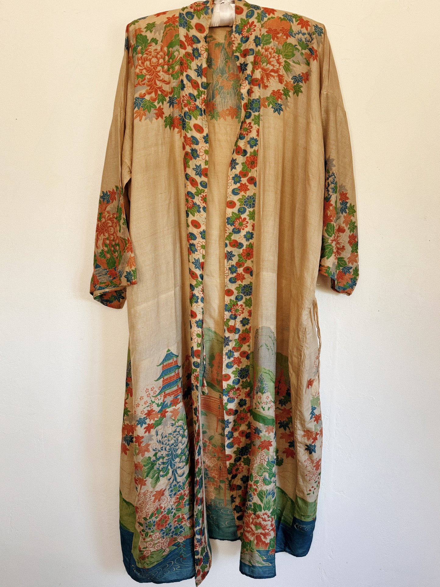 1920s Pongee Silk Printed Duster Robe- O/S