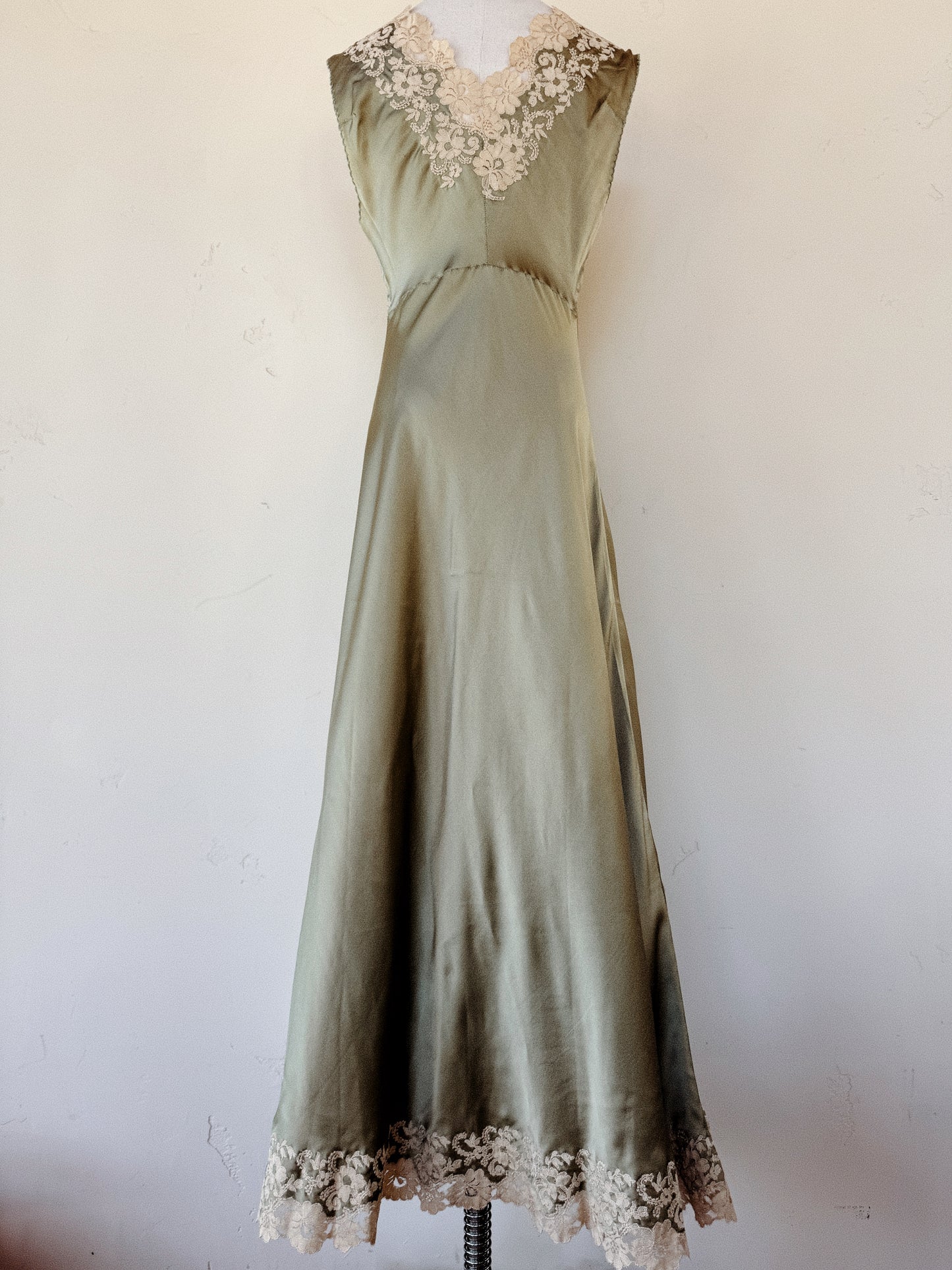 1930s Sage Charmeuse Silk Slip Dress w/ Ecru Lace Trim- S/M