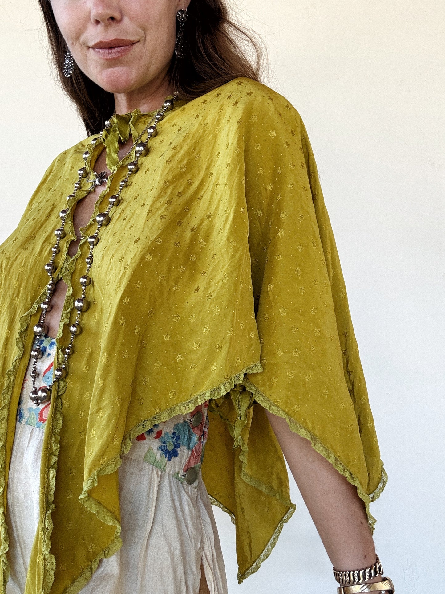 1930s Olive Silk Handkerchief Bed Jacket- S-M