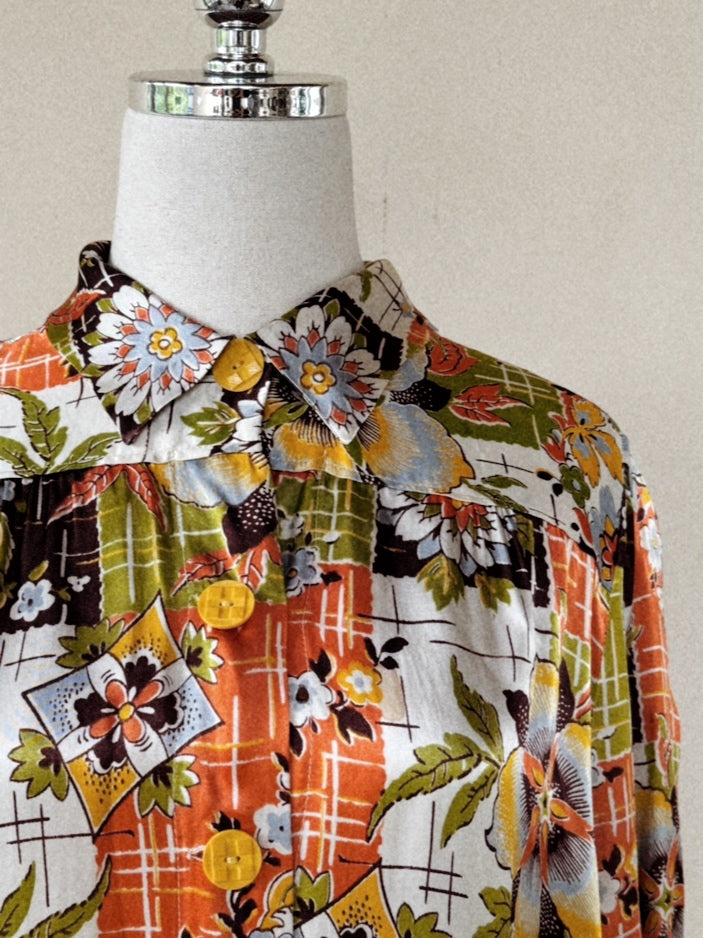 1940s Chartreuse + Orange Passionflower Satin Smock Jacket