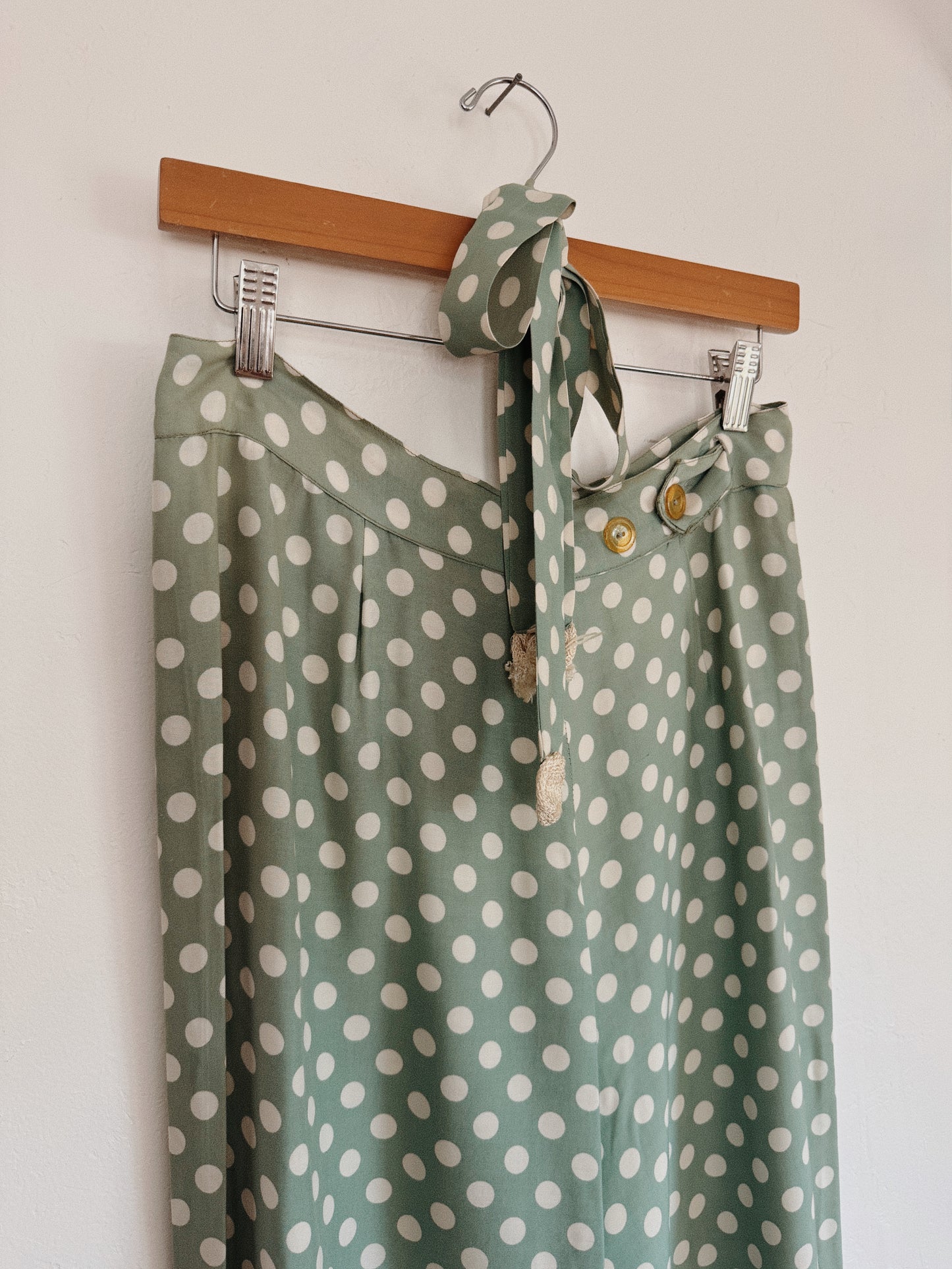 1940s Sea Foam Polka Dot Rayon Lounge Pants w/ Sash- M