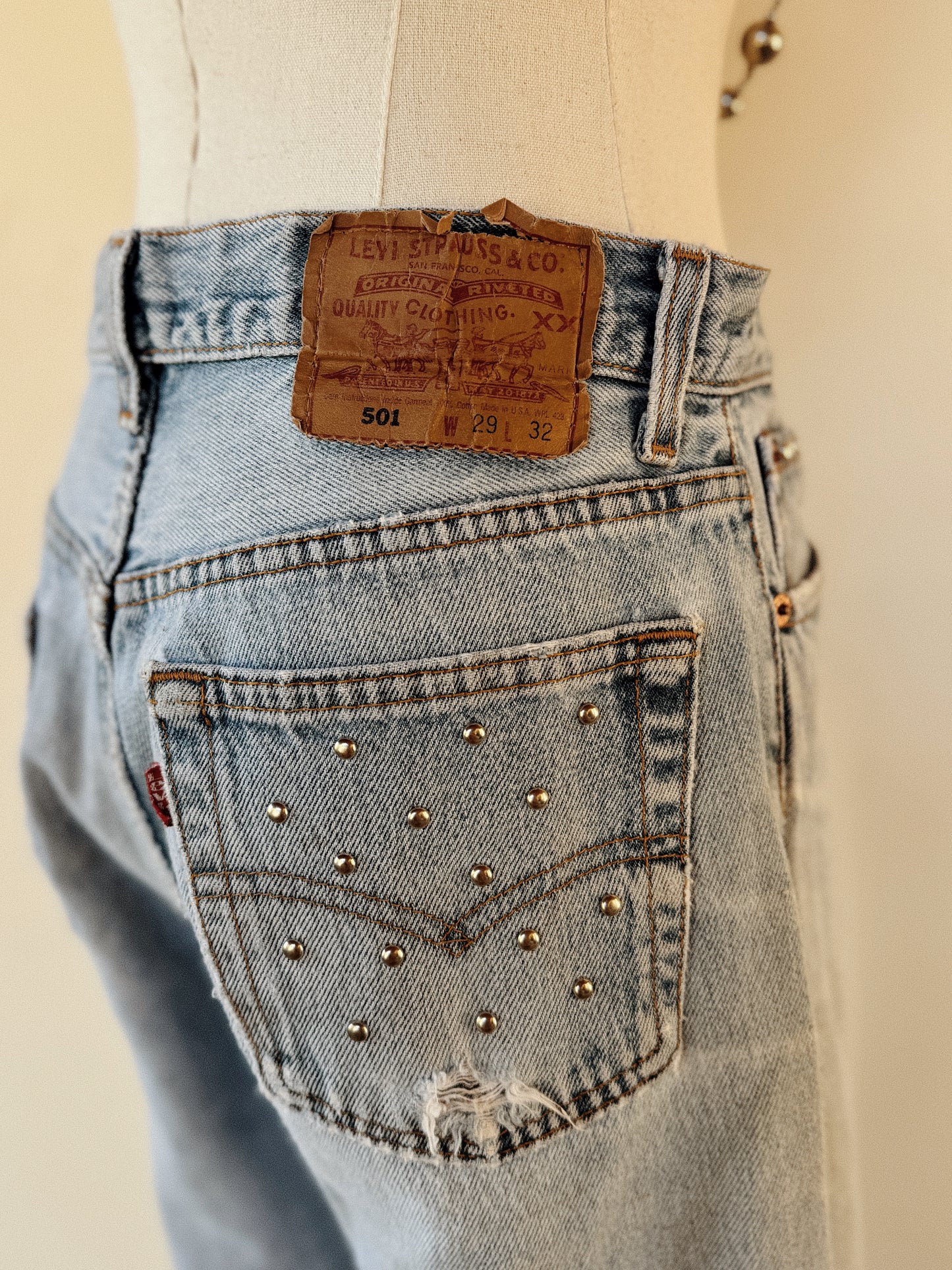 1990s Distressed + Custom Studded Levi’s 501s- S-S/M
