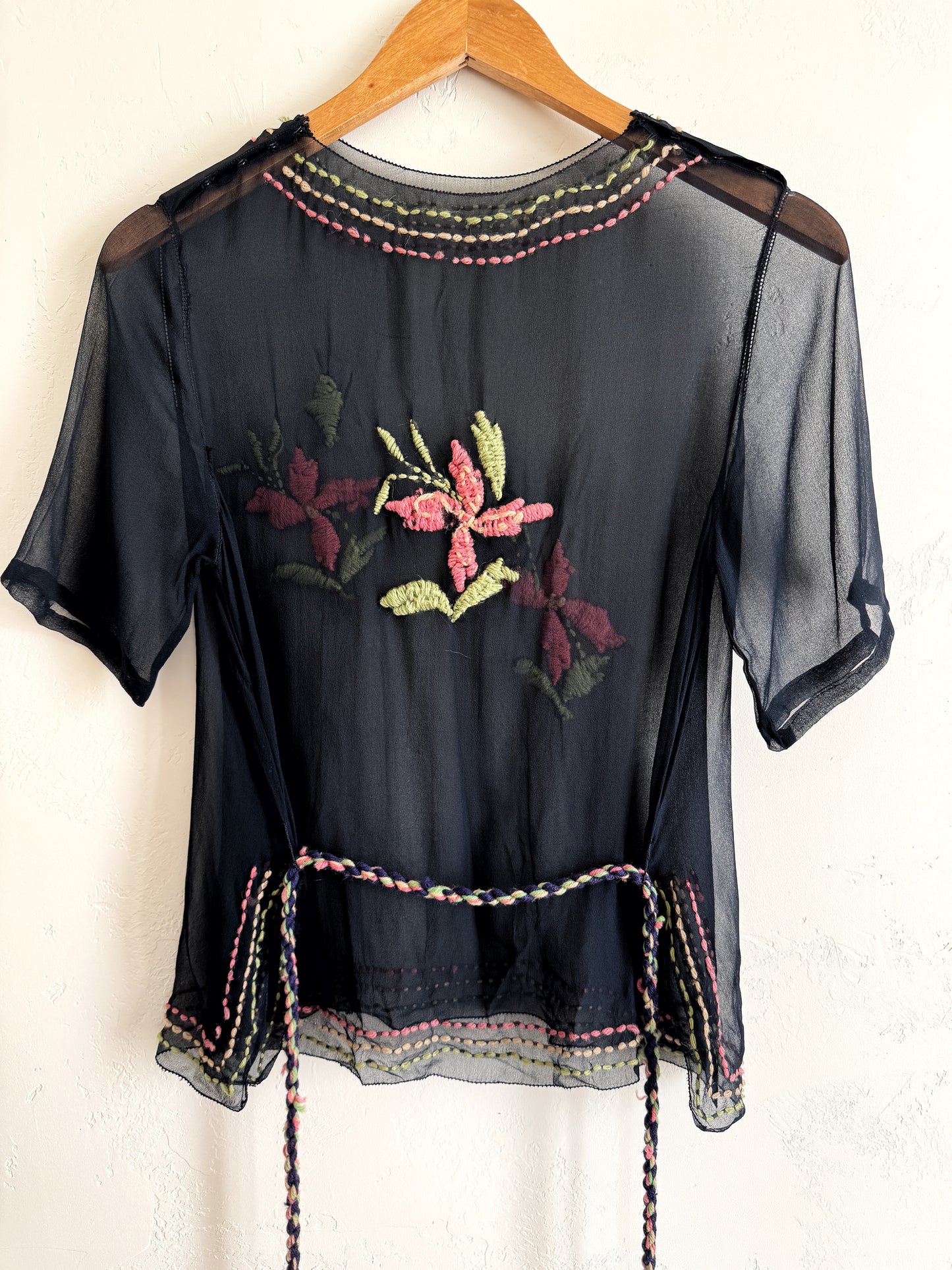 1920s Black Chiffon Top W/ Floral Embroidery- S