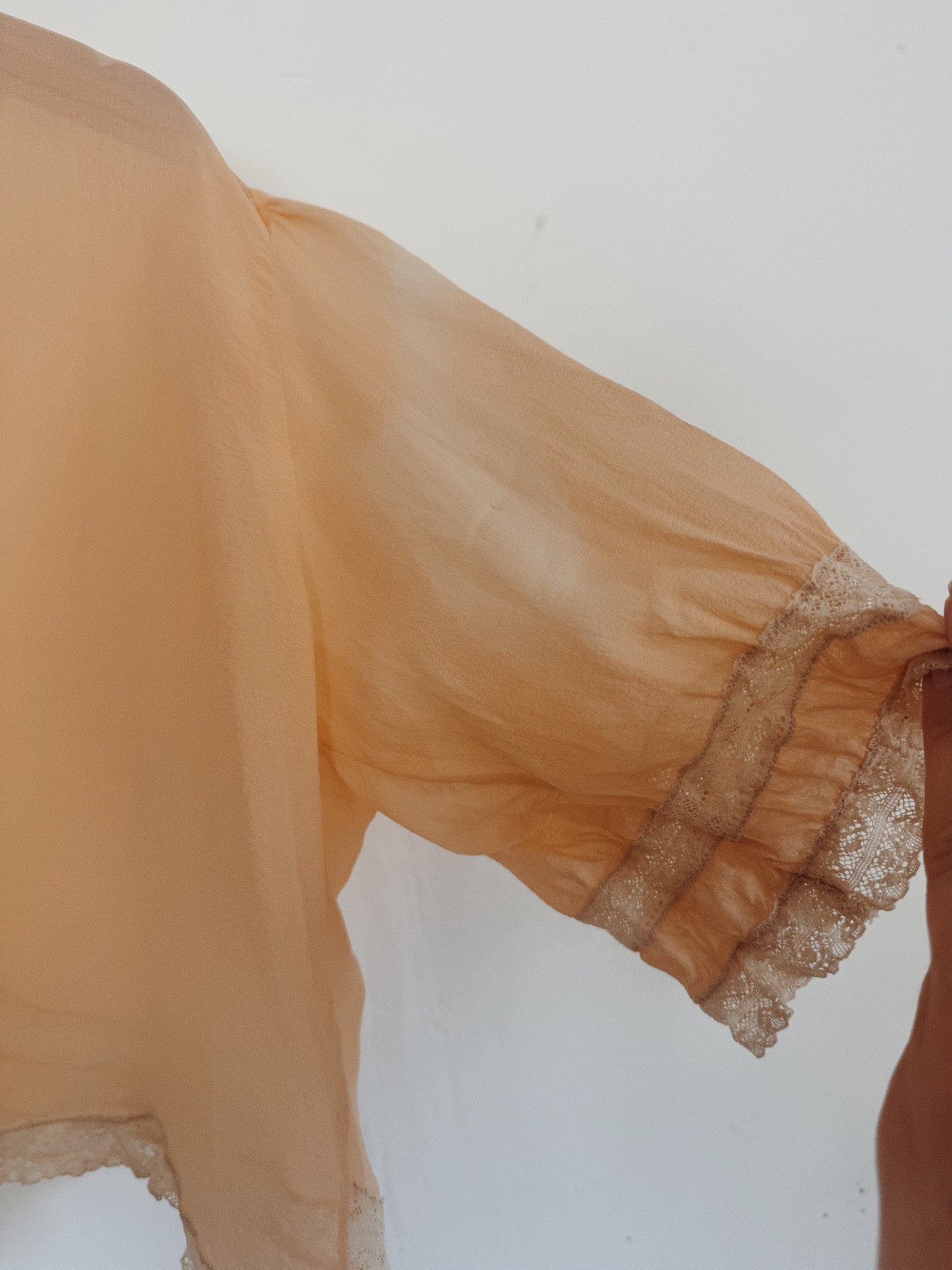 1930s Blossom Pink Silk Chiffon Bed Jacket w/ Lace Trim- S-M/L