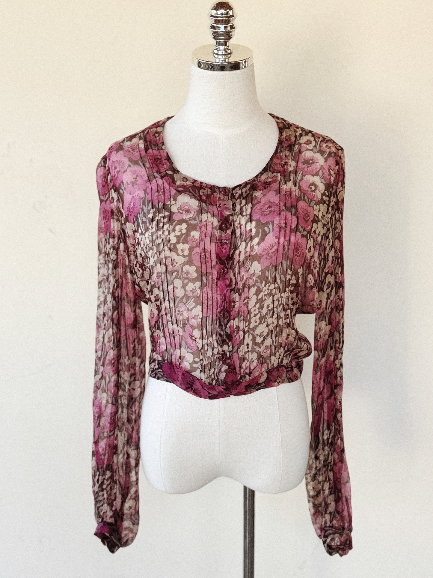 1930s I. Magnin Plum Purple Floral Silk Chiffon Cropped Blouse- S/M-M