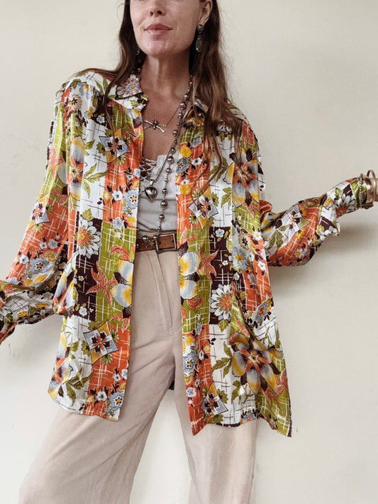 1940s Chartreuse + Orange Passionflower Satin Smock Jacket