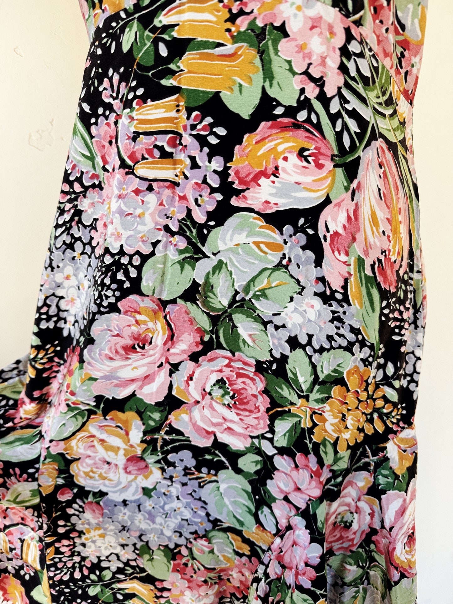1930s Black Multicolor Floral Silk Gown w/ Mesh Trim- S/M