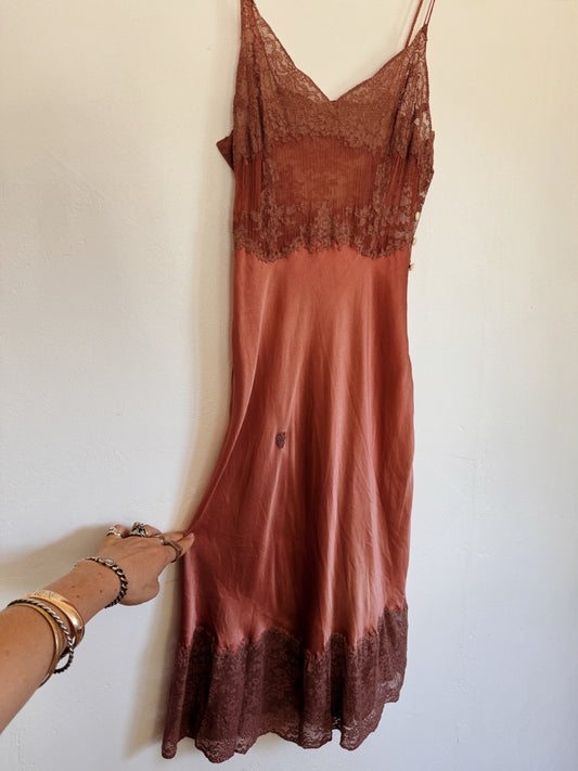 1930s Brown Silk + Lace Slip Dress w/ Braided Straps- XS/S