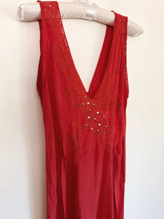 1930s Negroni Red Embellished Silk + Lace Slip Dress- S/M-M
