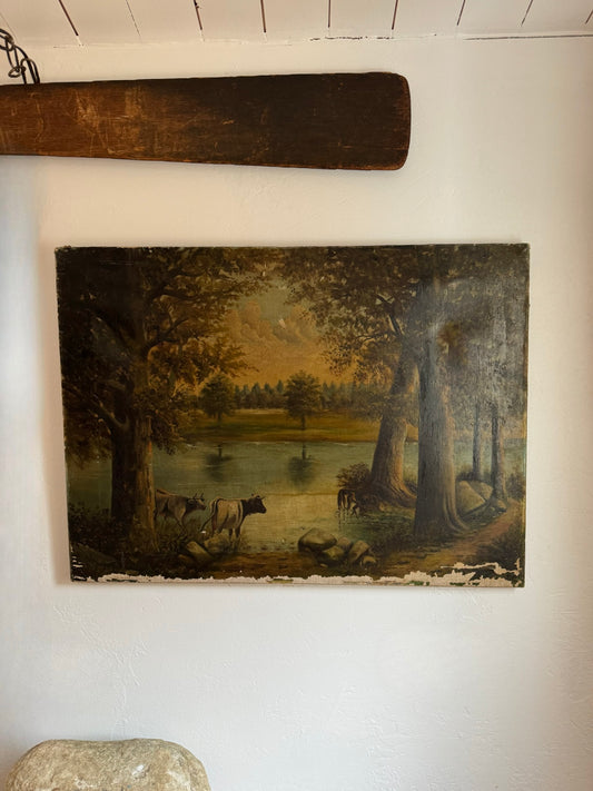 Antique Pastoral Oil Painting on Stretched Canvas- 20x27”
