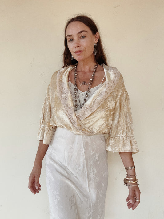 1930s Ivory Crushed Velvet + Lace Cropped Jacket- M