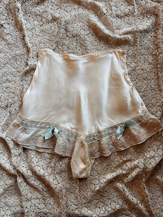 1930s Ivory Satin Tap Shorts w/ Two Tone Lace + Blue Silk Ribbon- S