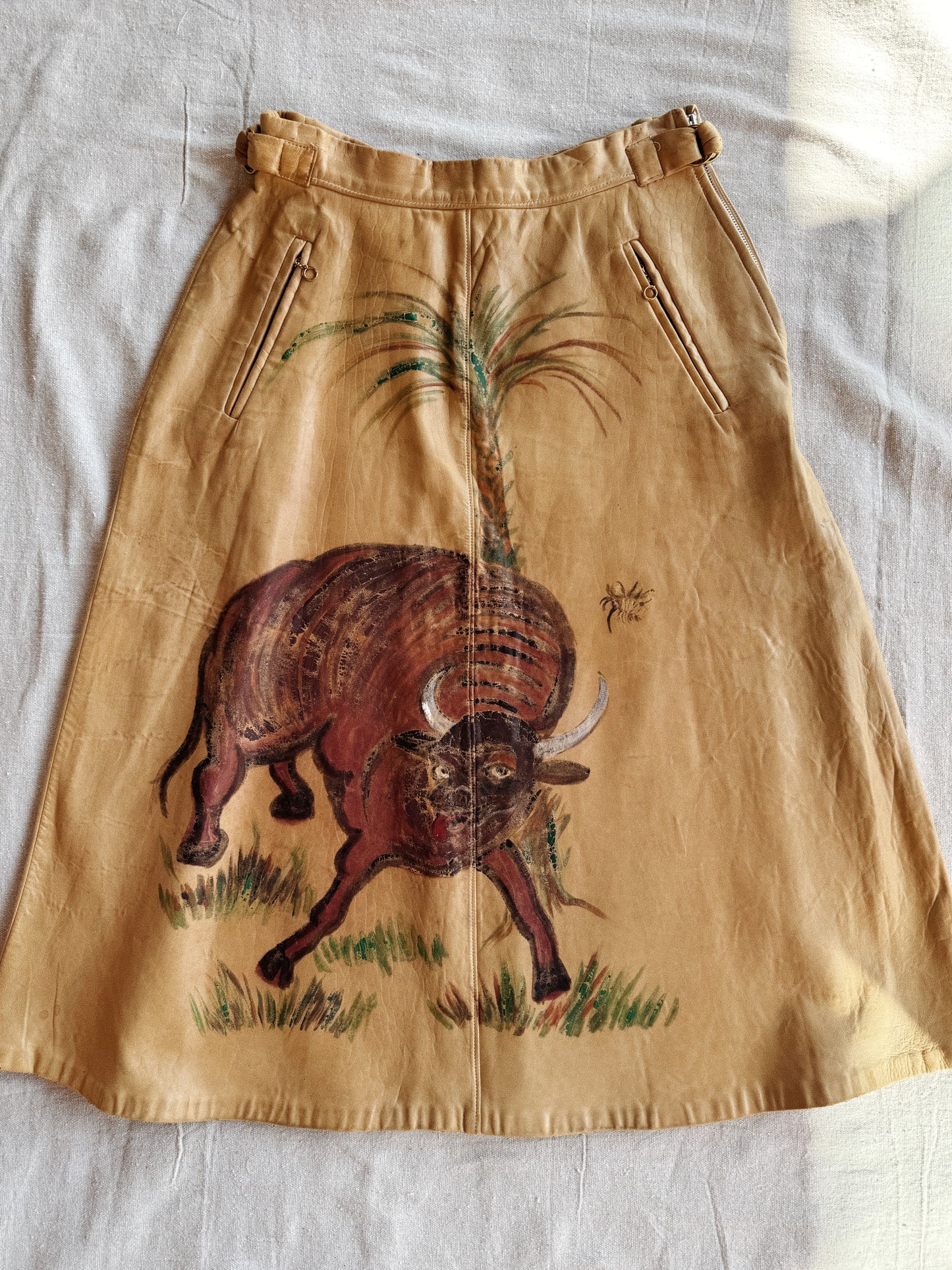 1930s/40s Hand Painted Buckskin Leather Western Skirt w/ Chain Zips + Side Cinches- M-M/L