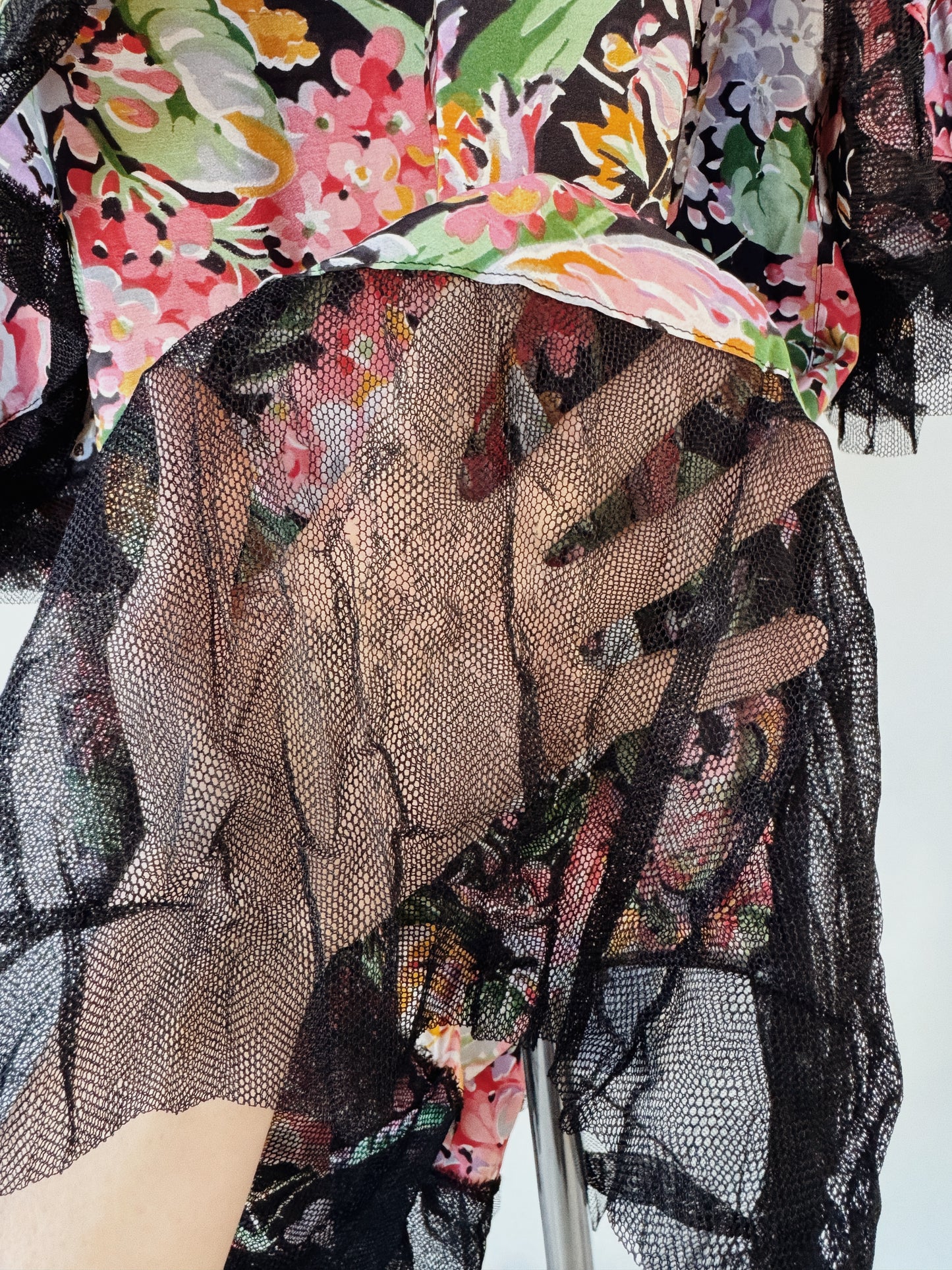 1930s Black Multicolor Floral Silk Gown w/ Mesh Trim- S/M