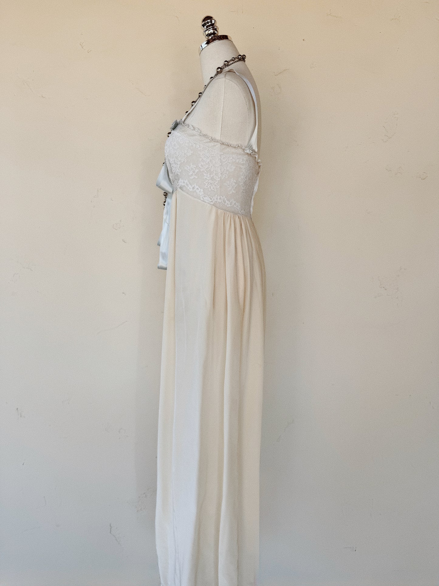 1940s Ivory Silk + Lace Slip Dress w/ Pale Blue Satin Ribbon- XS-S