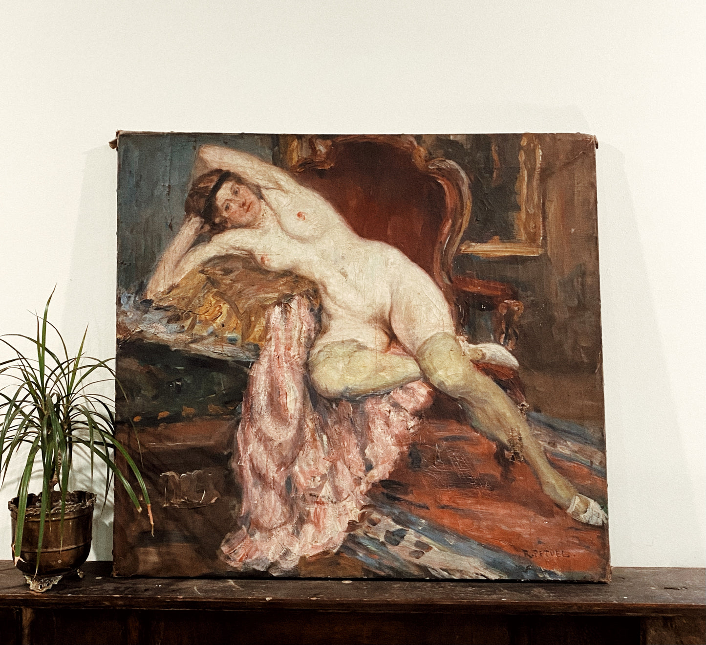 Large Antique Nude Oil Painting on Stretched Canvas by Rudolf Petuel - 29x32”