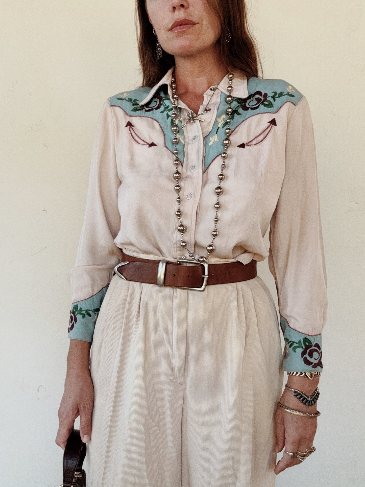 1950s Sky Blue + Purple Embroidered Western Blouse- S/M