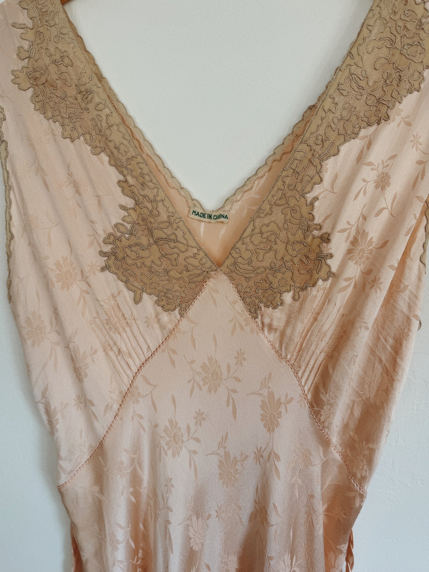 1930s Silk Floral Jacquard + Lace Slip Dress w/ Braided Sash- S-S/M