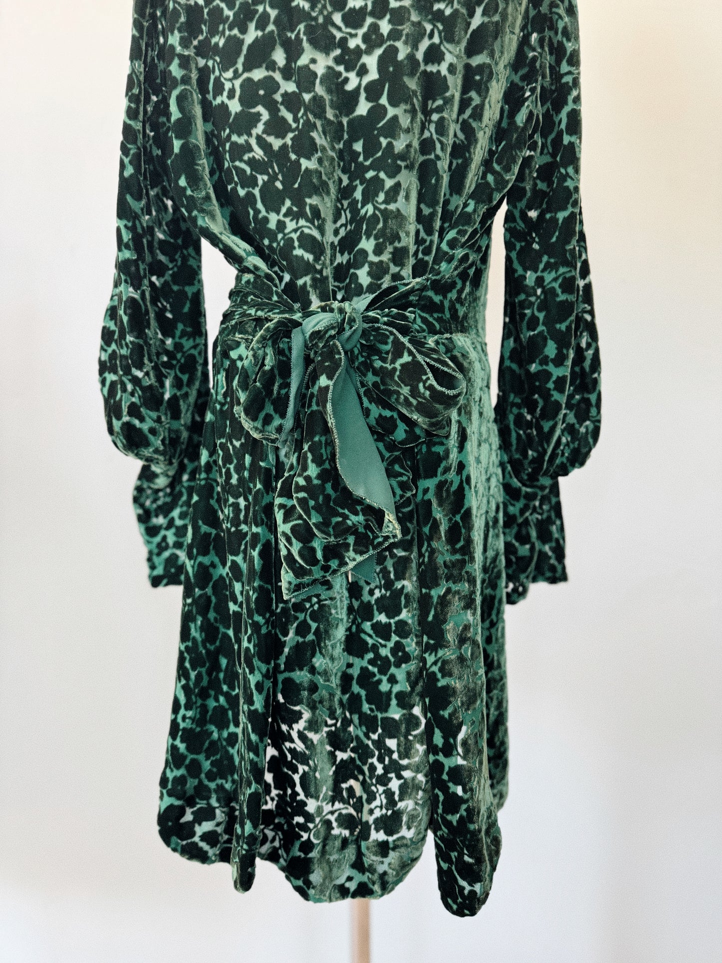 1920s/30s Emerald Devoré Silk Velvet Wrap Top Mini Dress- S/M-M