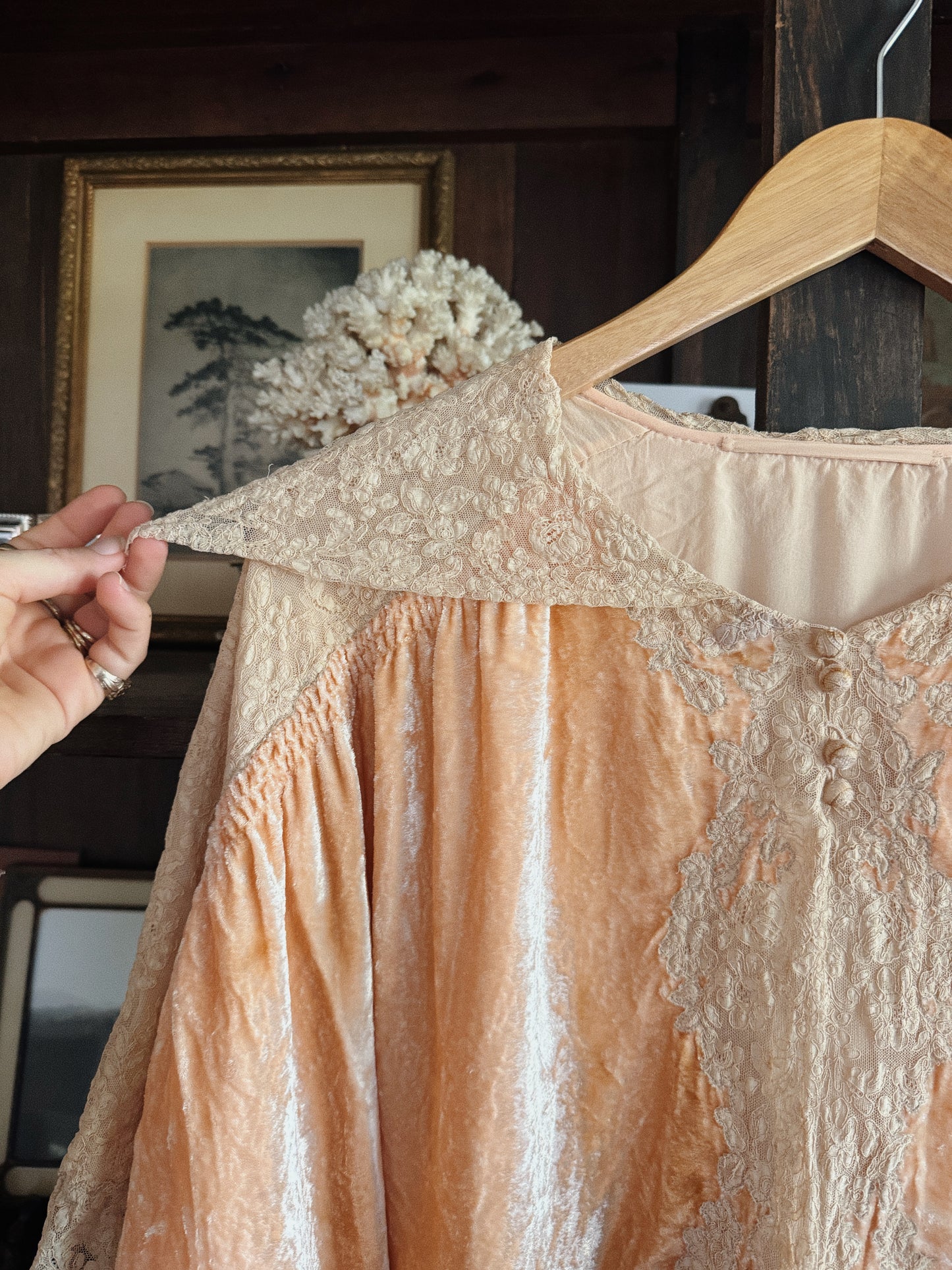 1930s Ruched Bubblegum Crushed Velvet + Lace Bed Jacket w/ Oversized Collar- M-L