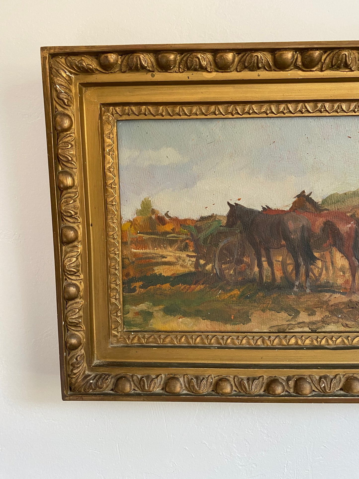 Vintage Old West Horse Painting in Gesso Gilt Frame- 13x18”