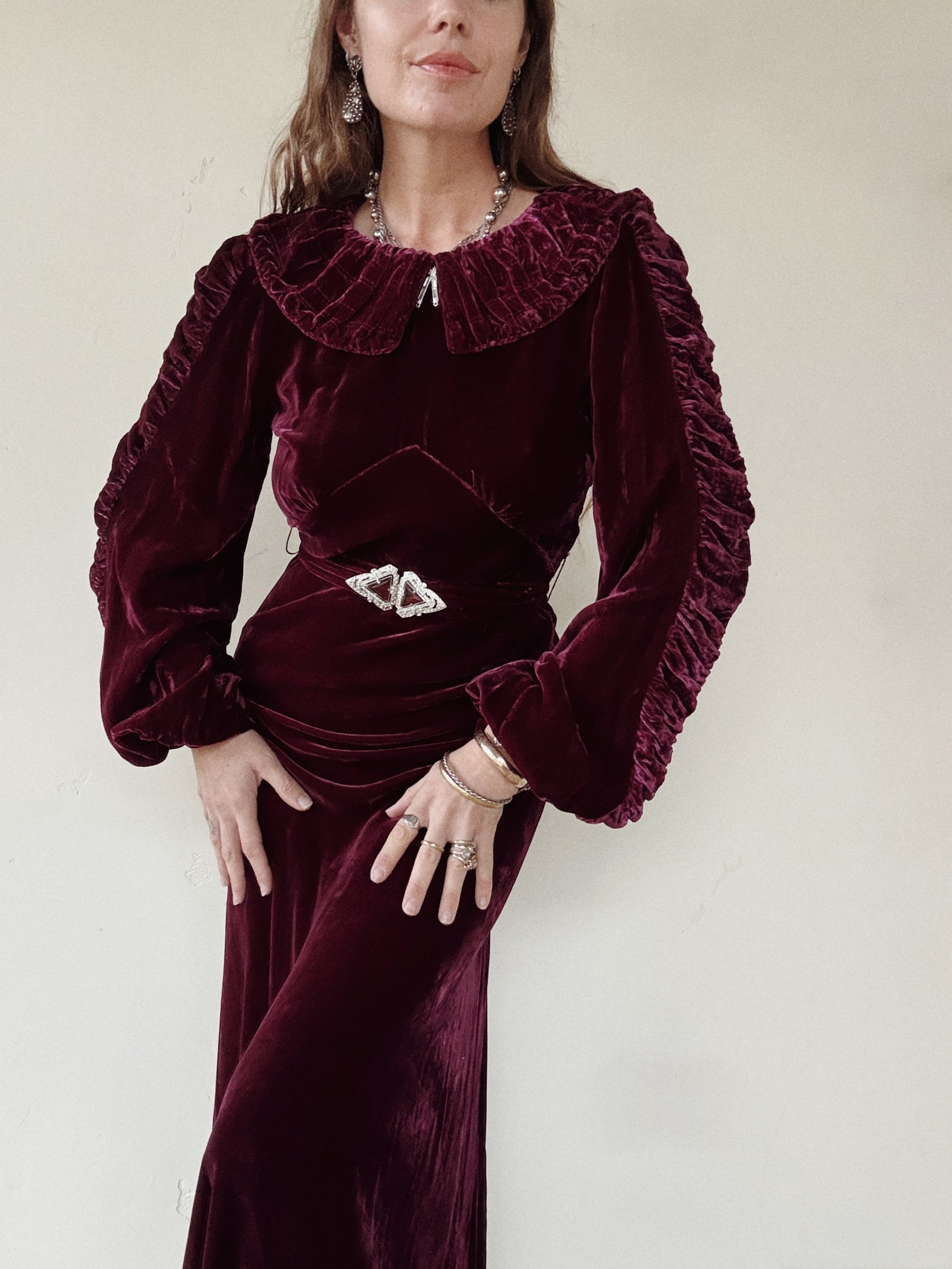 1930s Mulberry Ruched Silk Velvet Gown w/ Balloon Sleeves- S/M