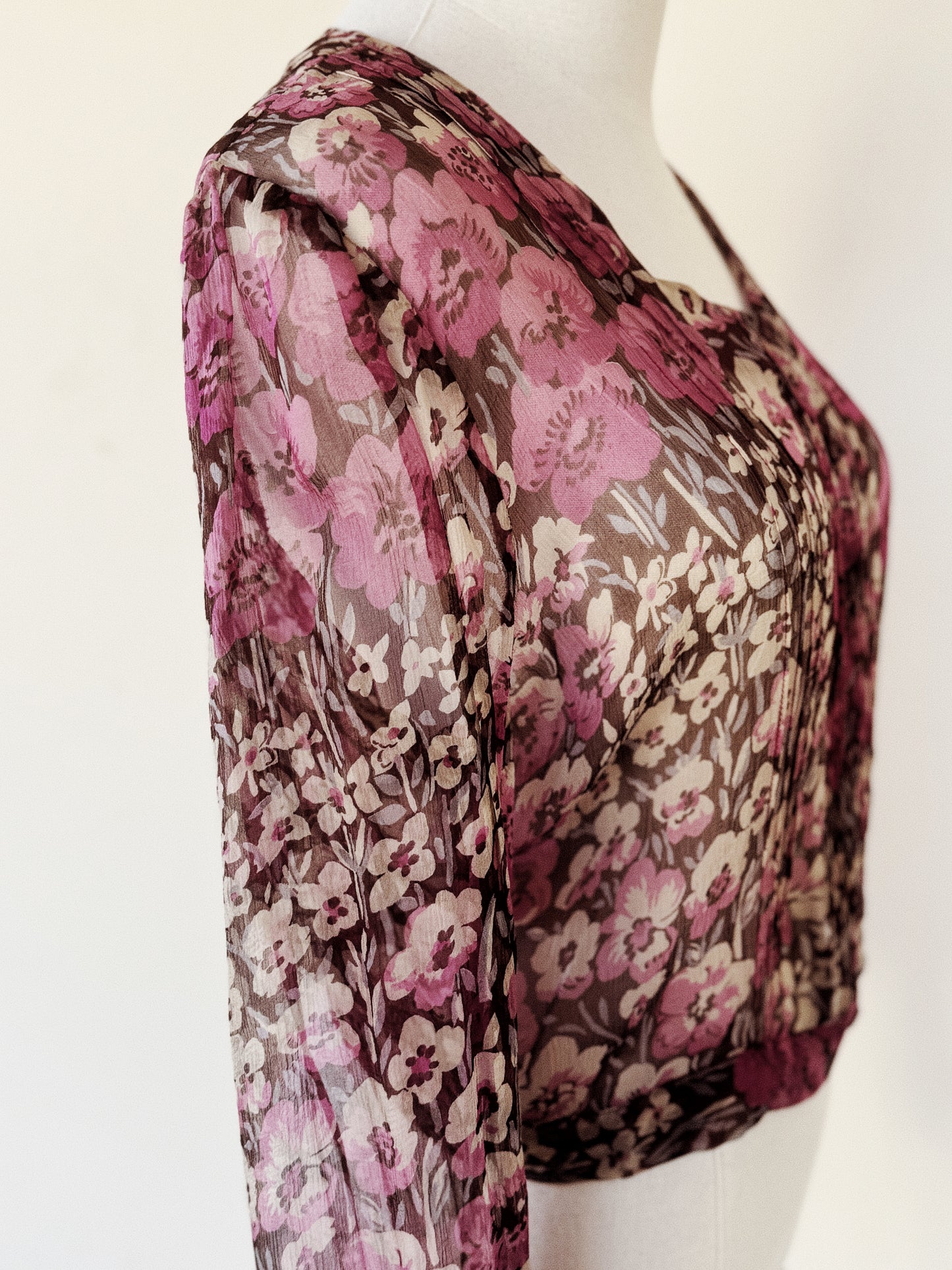 1930s I. Magnin Plum Purple Floral Silk Chiffon Cropped Blouse- S/M-M