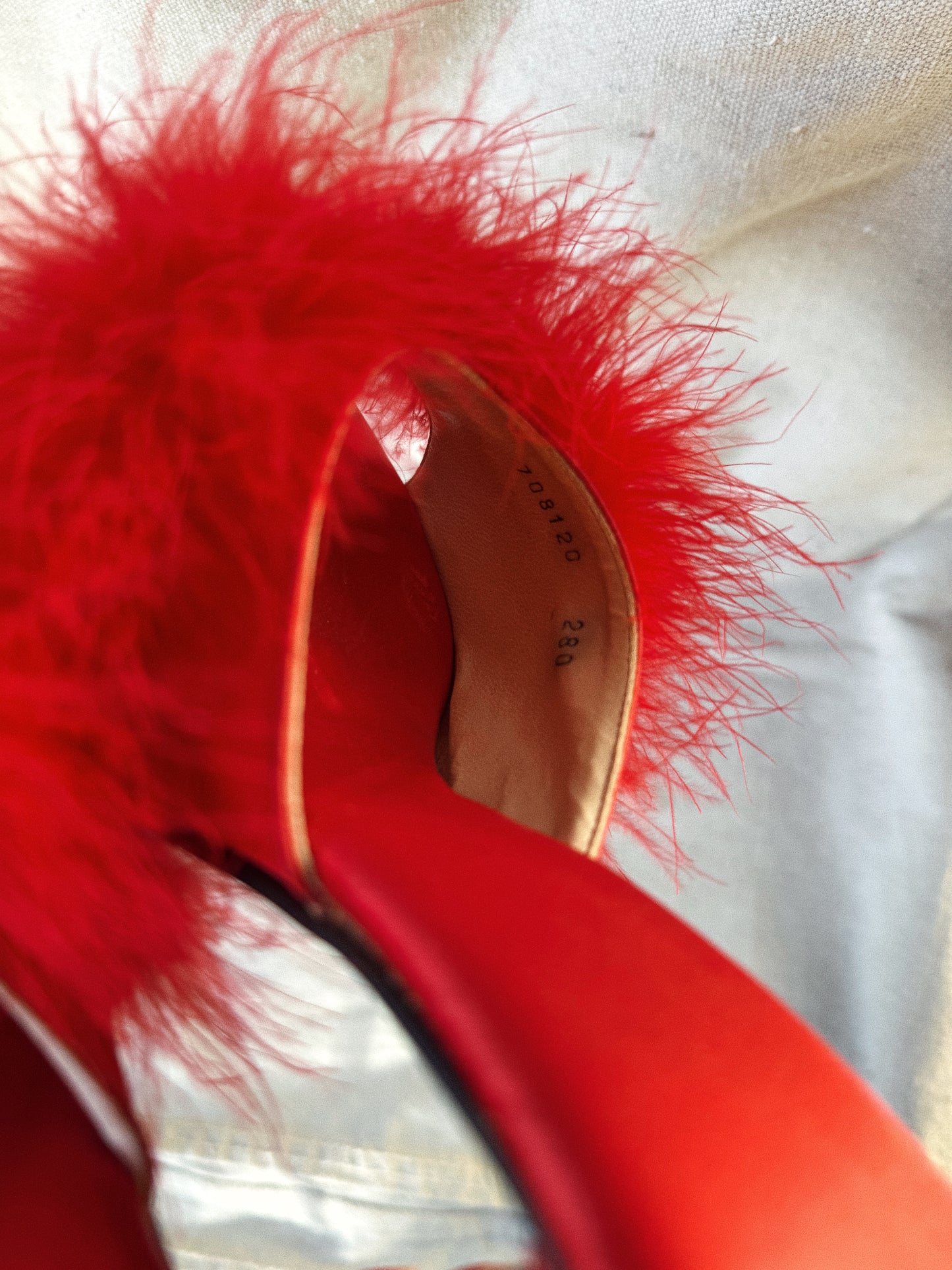 1950s Fire Red Marabou Feather Boudoir Satin Heels- 8