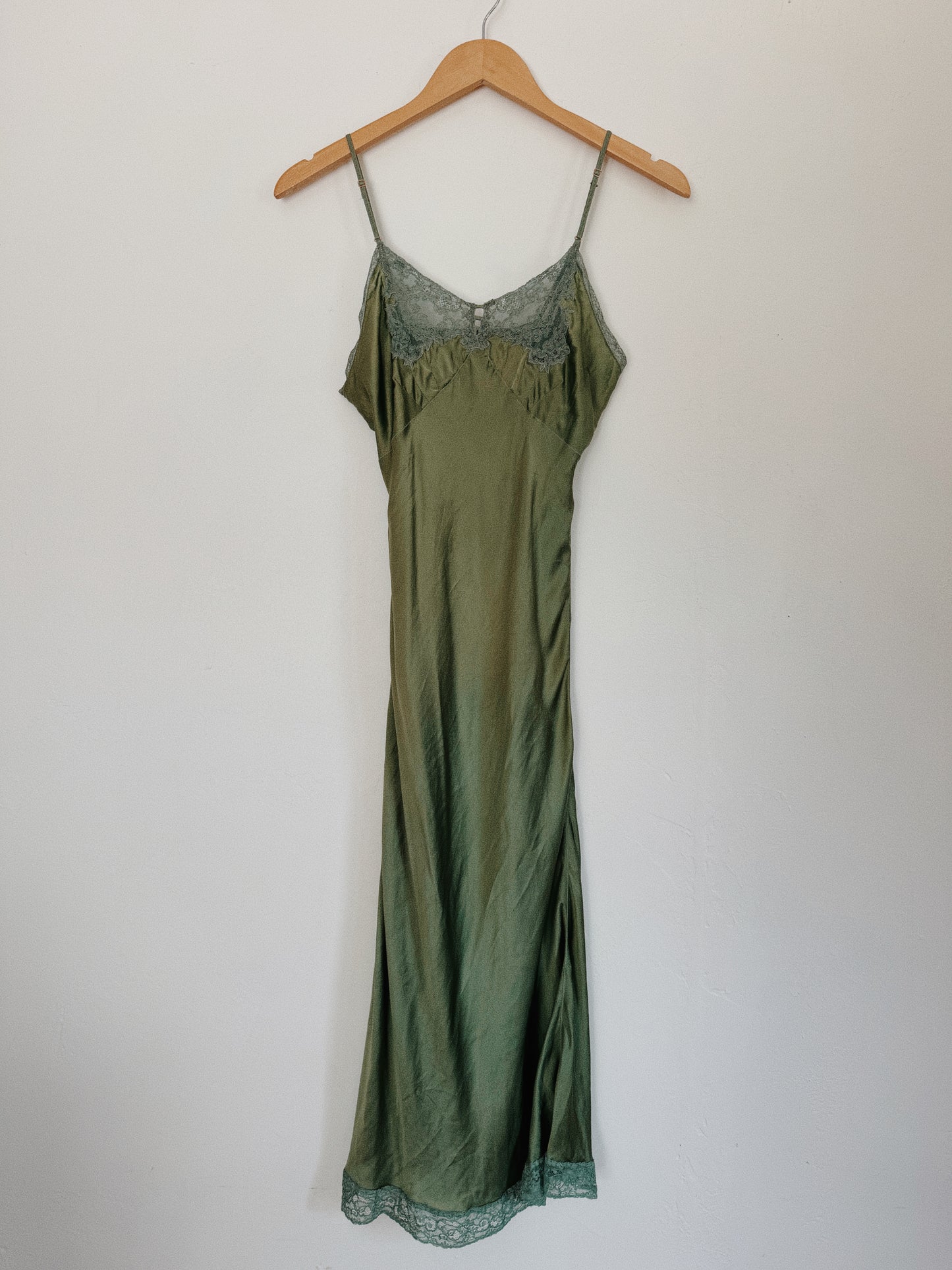 1940s Moss Green Silk Spaghetti Slip Dress w/ Lace Trim- S