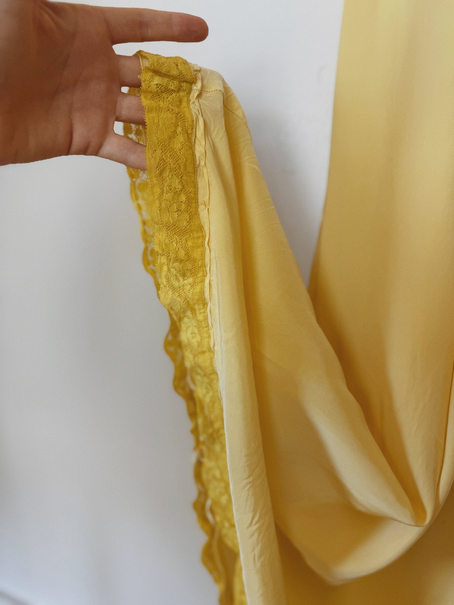 1940s Canary Yellow Cold Rayon + Lace Slip Dress w/ Robins Egg Blue Bow- S- S/M