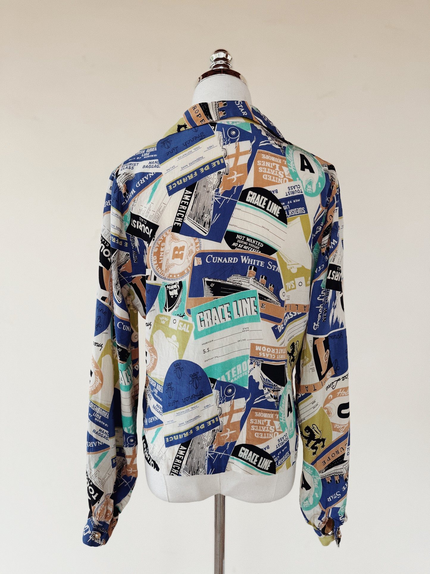 1940s Rare Novelty Travel Print Silk Blouse- S/M-M