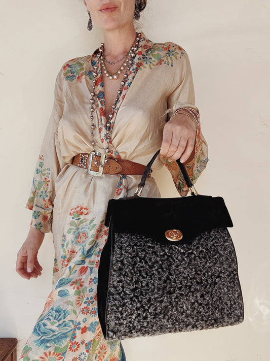 1970s Black Suede + Curly Lamb Jumbo Top Handle Bag