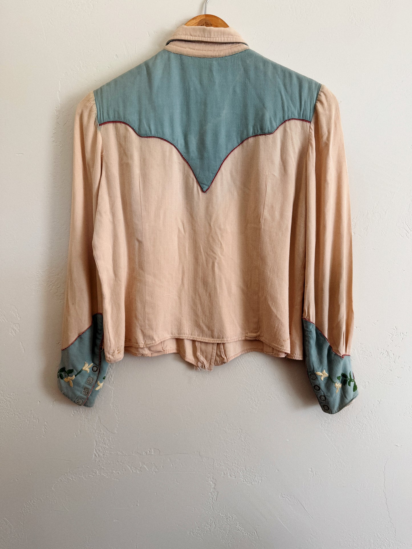 1950s Sky Blue + Purple Embroidered Western Blouse- S/M