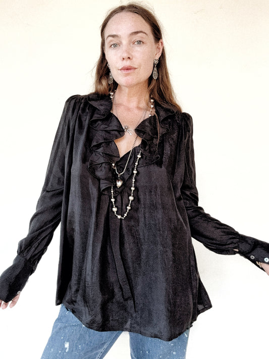 1970s Zandra Rhodes Black Silk Ruffled Tunic Blouse- S-S/M