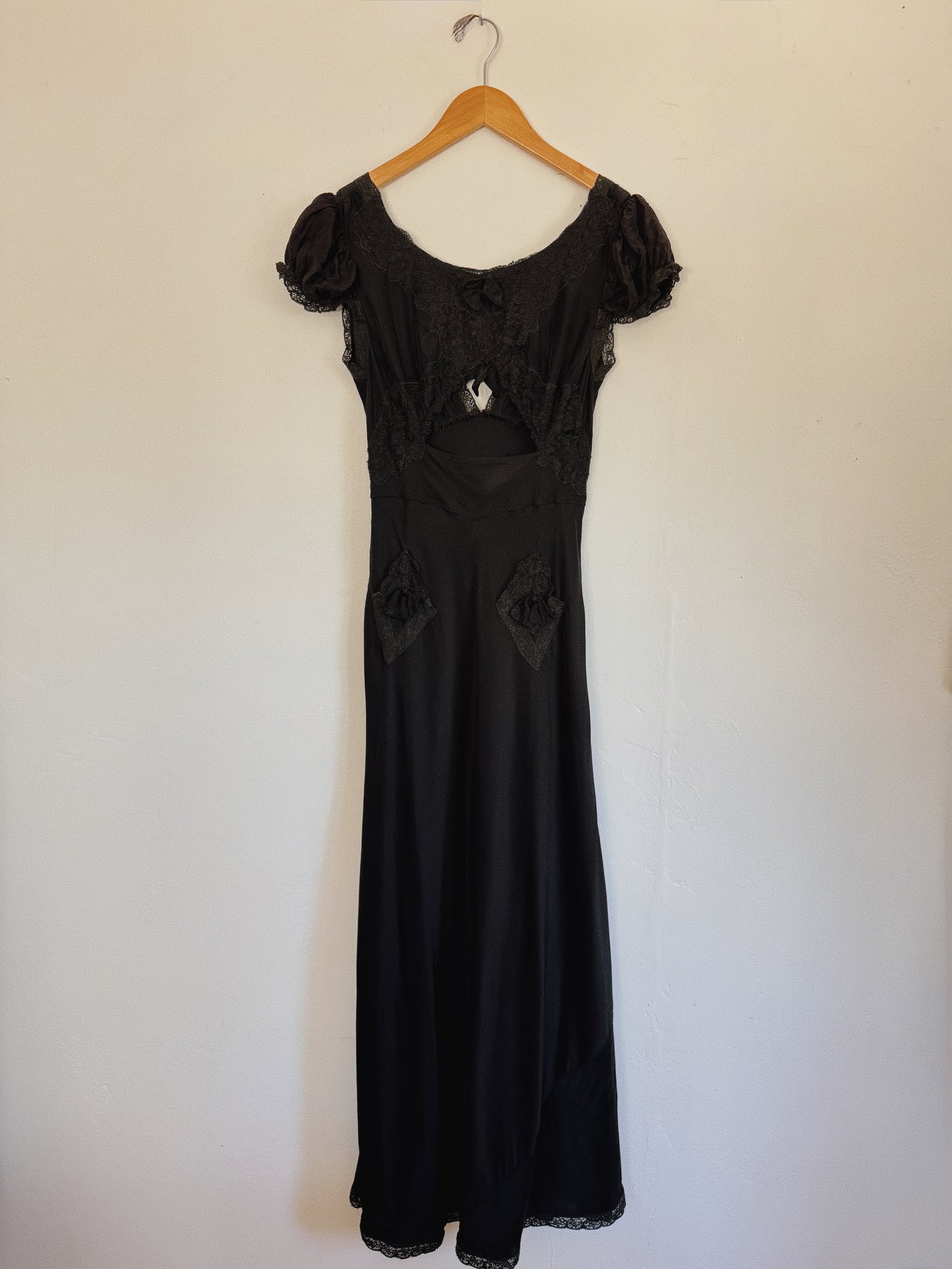 1930s Black Sultry Rayon Silk Keyhole Lace Slip Dress w/ Caplet Shoulders- S-S/M