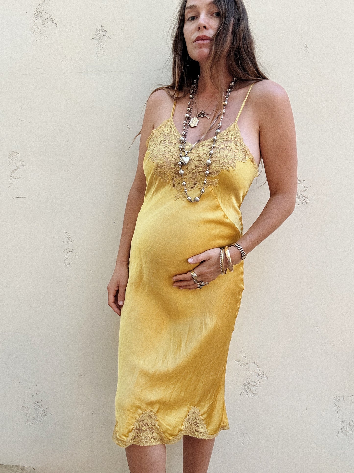 1940s Marigold Silk + Lace Spaghetti Strap Slip Dress- S/M-M