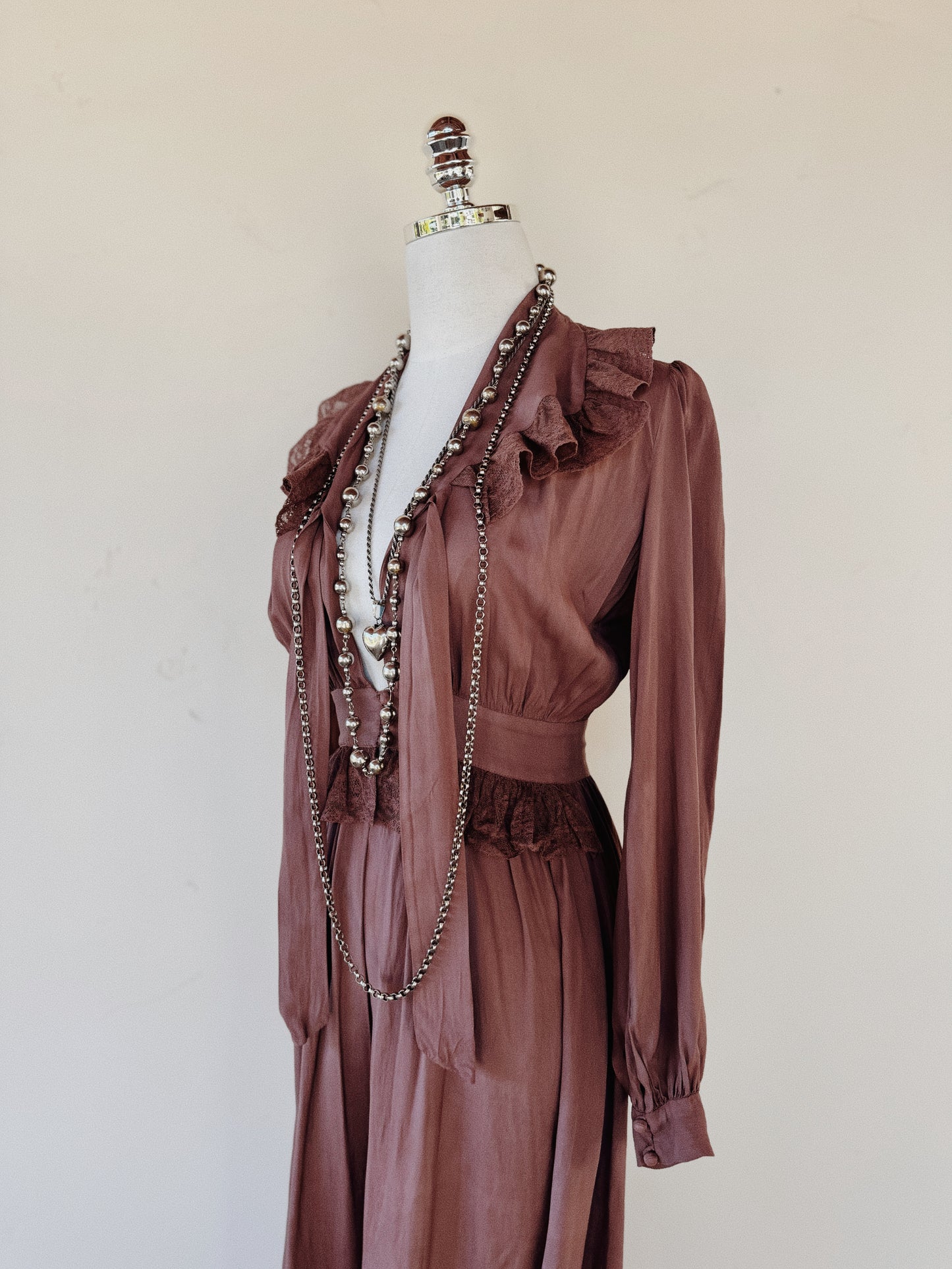 1940s Brown Rayon + Lace Peignoir- XS/S