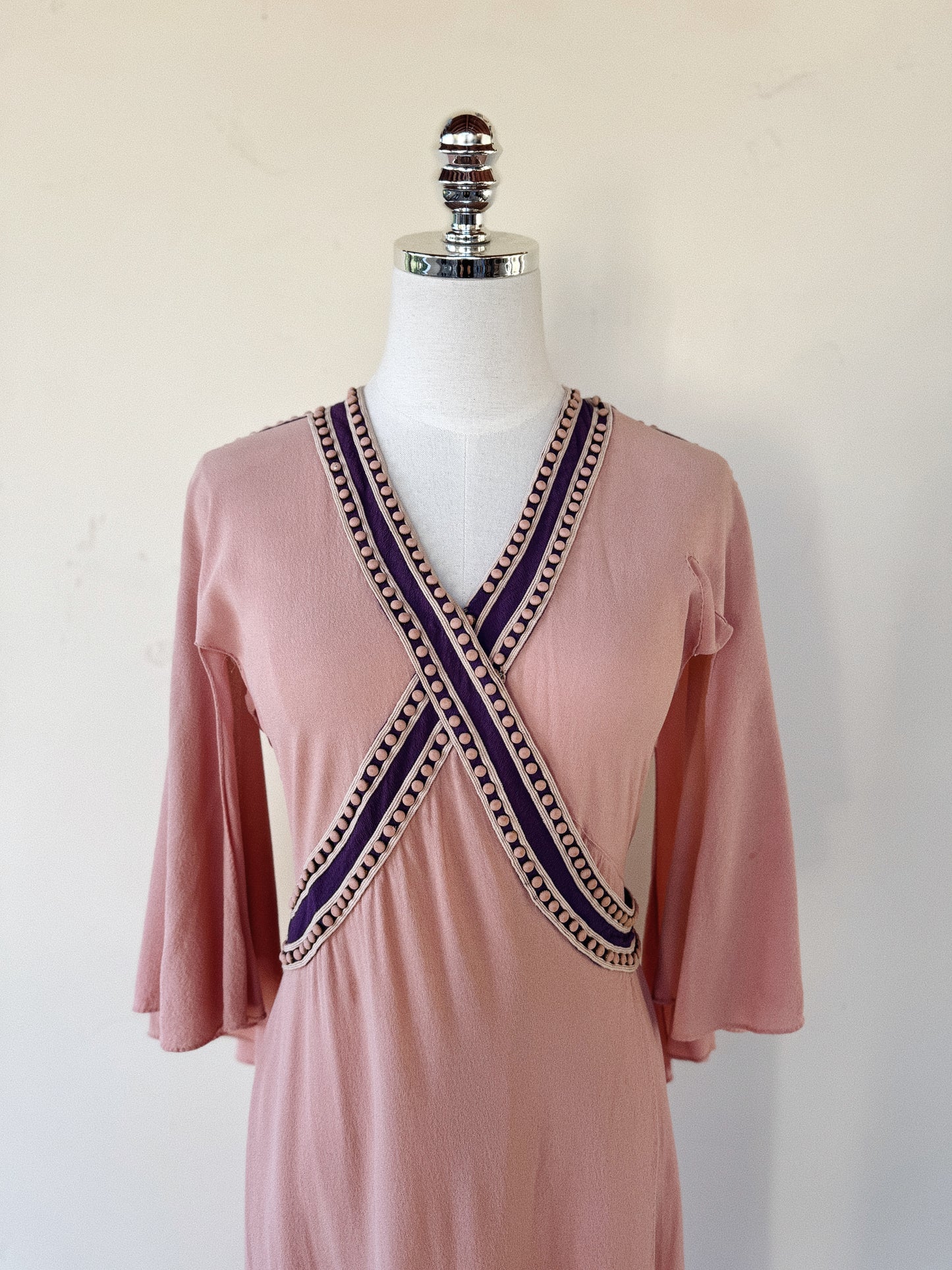1930s Raspberry + Grape Sherbet Crepe Wrap Dress w/ Studs + Angel Sleeves- S/M