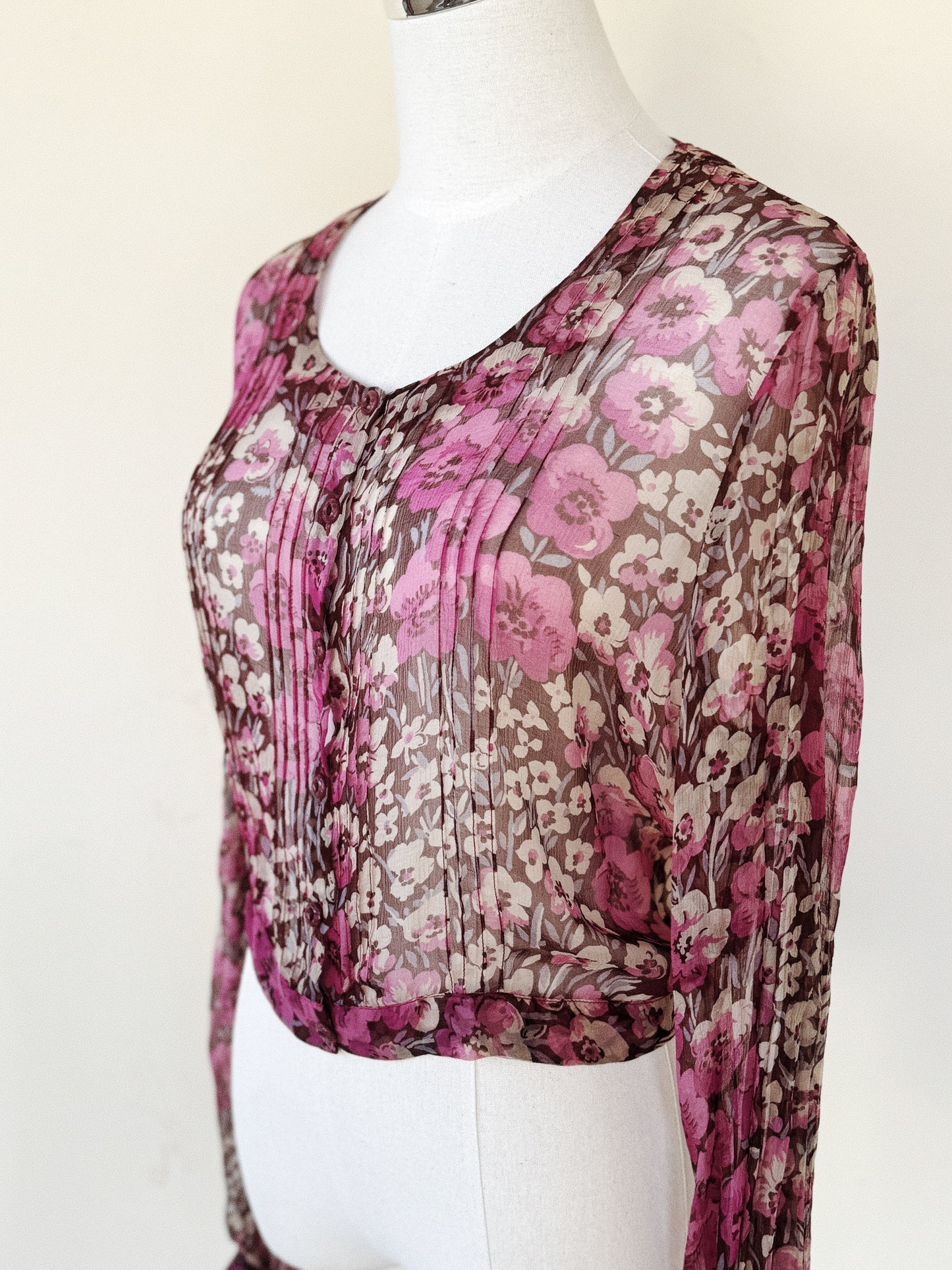 1930s I. Magnin Plum Purple Floral Silk Chiffon Cropped Blouse- S/M-M