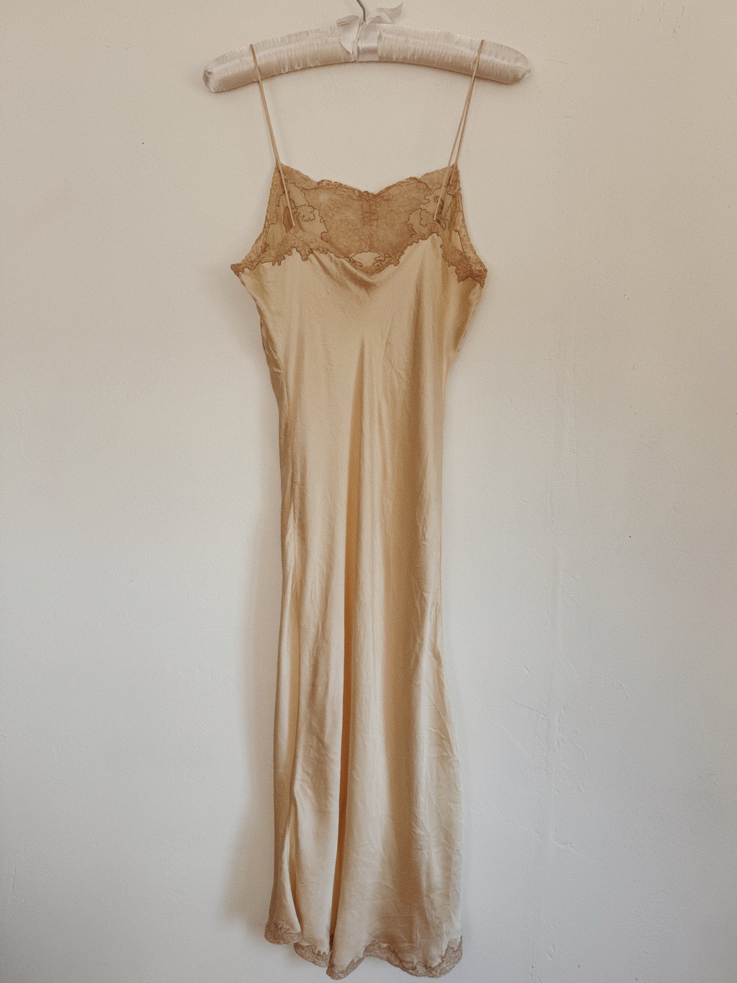 1930s Champagne Silk + French Lace Spaghetti Strap Slip Dress- S- S/M