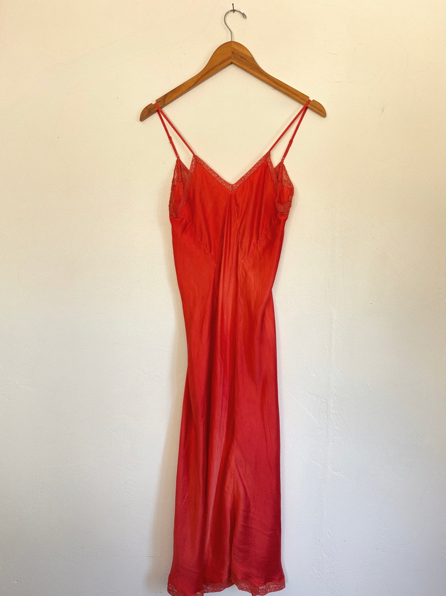 1940s Campari Satin + Lace Spaghetti Slip Dress- S