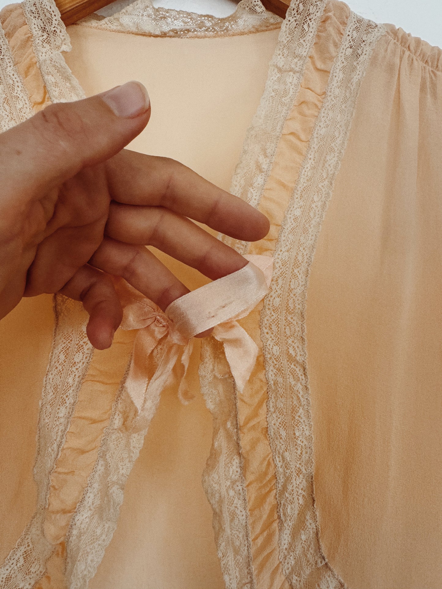 1930s Blossom Pink Silk Chiffon Bed Jacket w/ Lace Trim- S-M/L