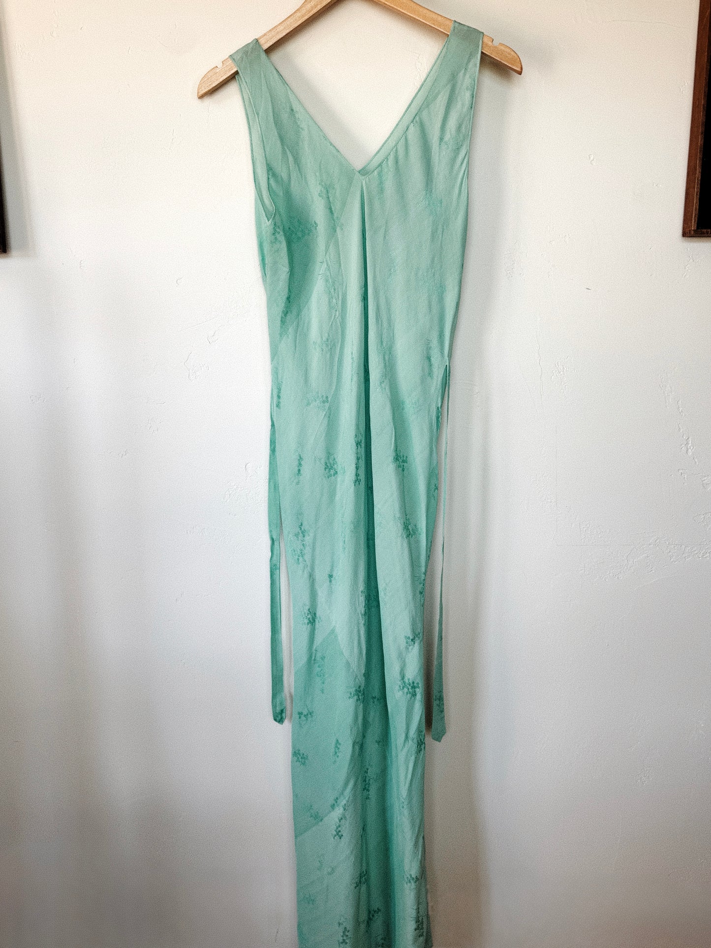 1930s Aquamarine Silk Floral Jacquard Slip Dress- S/M-M