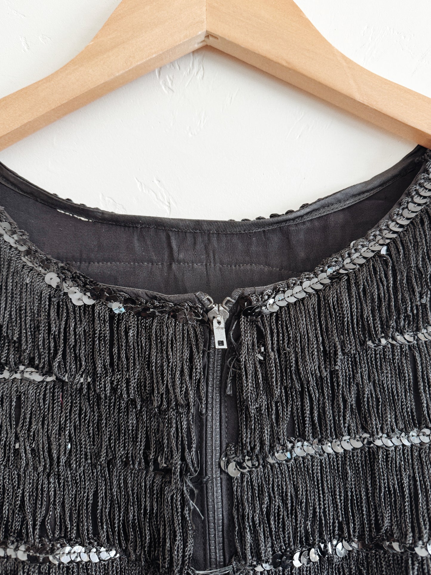 1930s Rare Zipper Front Fringe Cropped Top w/ Sequins- S/M