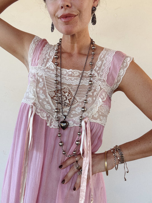 Edwardian Lavender Silk + Lace Nightgown Dress- S/M