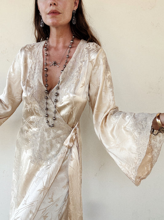 1930s Ivory Silk Charmeuse Bamboo Jacquard Angel Sleeve Robe- S/M-M
