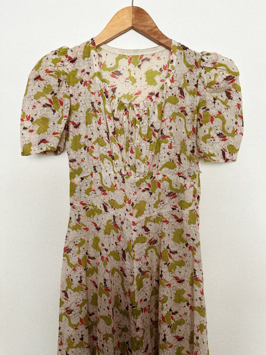 1930s Cotton Voile Lime Abstract Print Dress w/ Puffed Shoulders- S