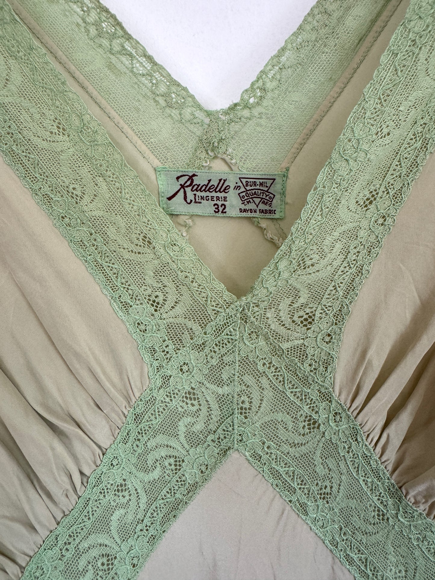 1940s Honeydew Rayon + Lace Bias Cut Slip Dress- S