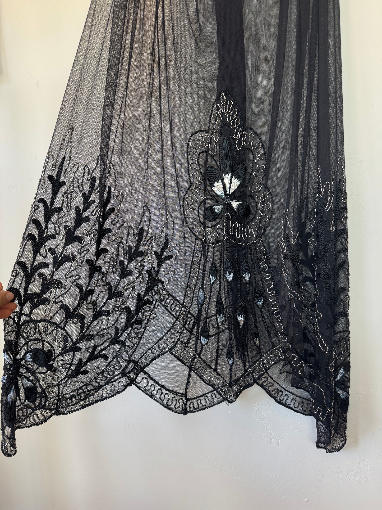 1920s Heavily Beaded Net Petal Fringe Skirt w/ Ombré Silk Embroidery- S/M